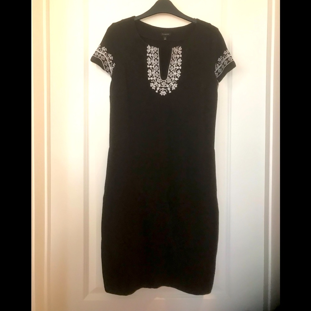 NWOT Talbots Black Short Sleeve Knit Cotton Dress with White Embroidery